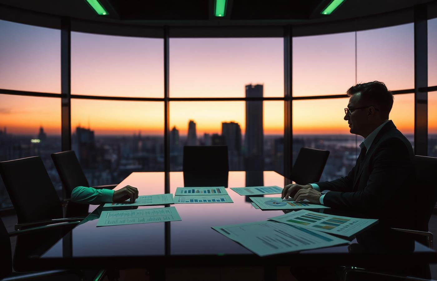 Advisors reviewing cannabis financial forecasts in a boardroom at dusk