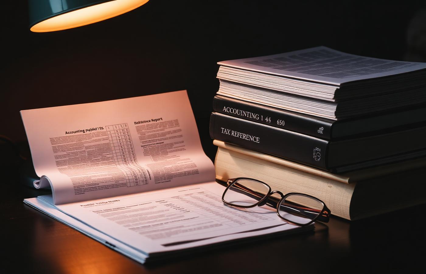 Tax reference volumes and a printed financial report on a dark desk